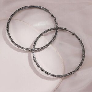 Elegant Black Silver Hoop Earrings Sparkly Rhinestones